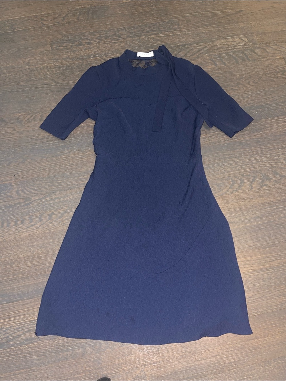 Sandro Navy Short-Sleeve A-Line Dress with Neck Tie